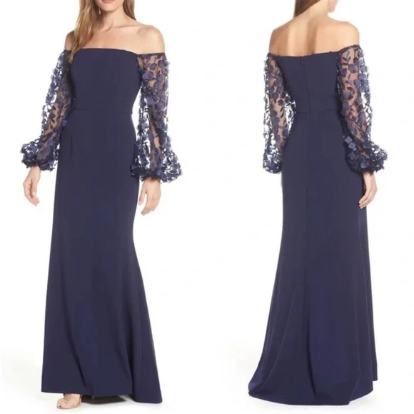 ELIZA J Off The Shoulder 3D Floral Sleeve Navy scuba crepe Blue Gown size 8 - Picture 2 of 13